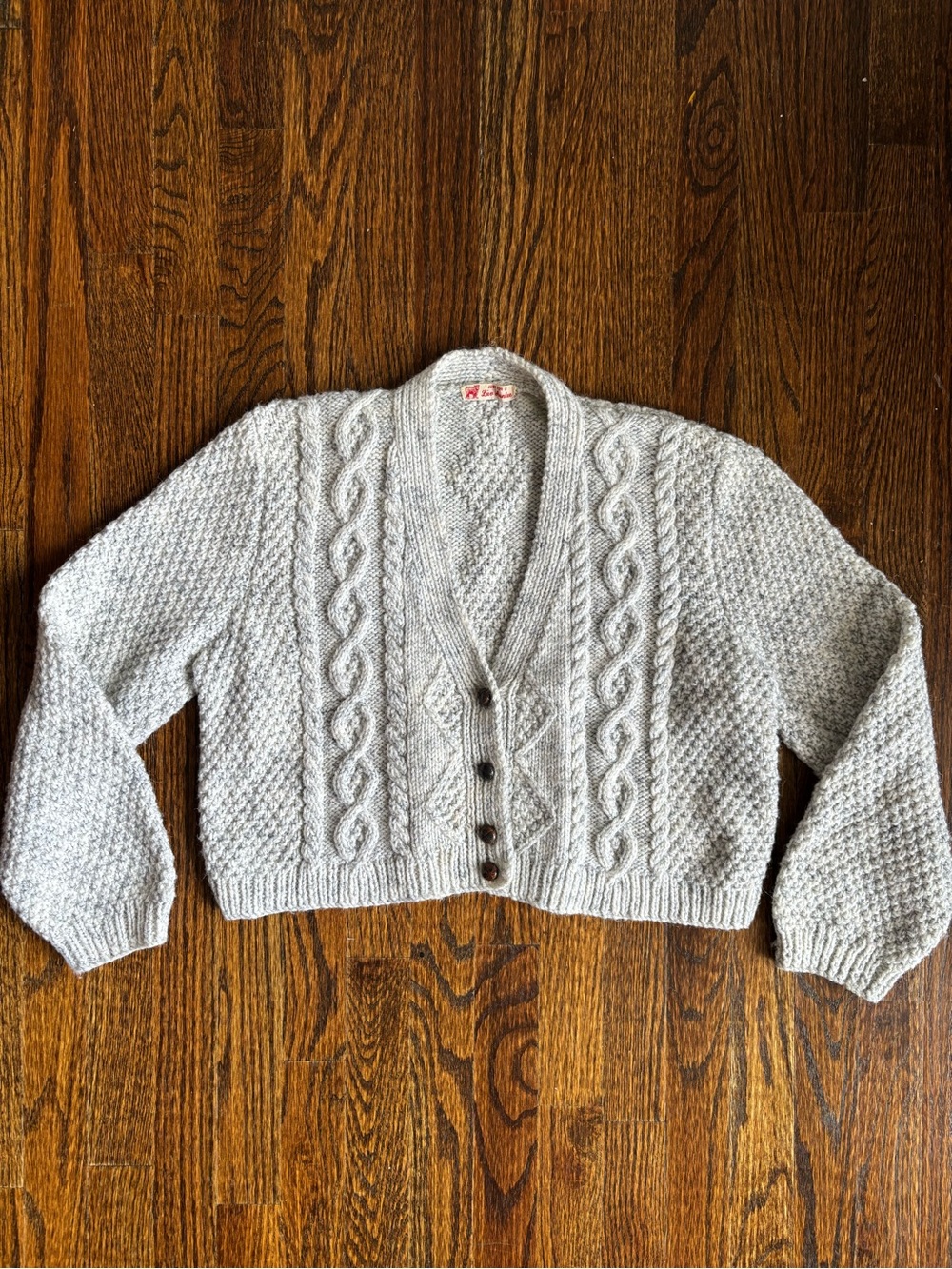 Vintage Hand-knit Personalized Heathered Gray Cable Knit Chunky Cropped Cardigan